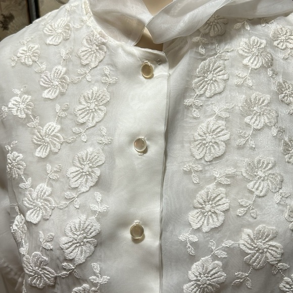 JUDY BOND VINTAGE 1950s?  EMBROIDERED SHEER SLEEVE BLOUSE SECRETARY BOW SZ 14/34 - Picture 5 of 16